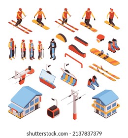 Ski Resort Isometric Set Of Personal Sports Inventory And Elements Of Lifting Equipment Isolated Vector Illustration