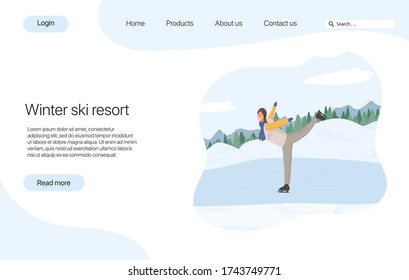 Ski resort landing page concept. Young happy girl riding on skates vector flat cartoon illustration. Winter landscape. Female character skating in winter clothes, doing winter activities.