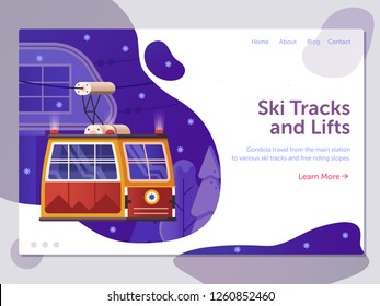 Ski resort landing page template with red cable car funicular in gradient flat design. Winter holidays in mountains web banner with ski lift gondola. Cable way concept illustration for travel agency.