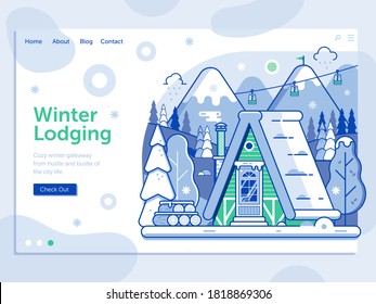 Ski resort landing page template with winter house and smoking chimney on forest. Winter lodging holidays in mountains web banner with snow ski lodge chalet or log cabin on wilderness by wintertime.