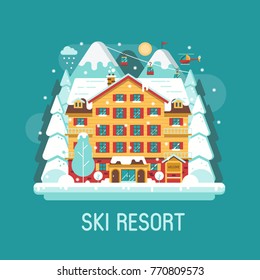 Ski resort landscape in flat design. Cartoon winter mountain hotel abstract background. Snowy peaks, inn building and funiculars on Alps forest area. Winter holidays in the mountains concept banner.