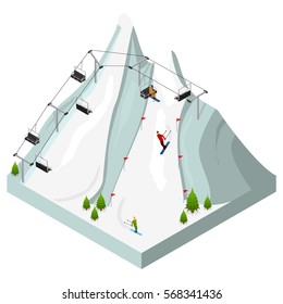 Ski Resort Landscape Isometric View for Game, Web or App. Vector illustration