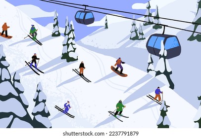 Ski resort landscape with people on snowboards on slope, cable way. Sport activity in mountains in snow on winter holiday, vacation. Wintertime scenery with ropeway, skiers. Flat vector illustration