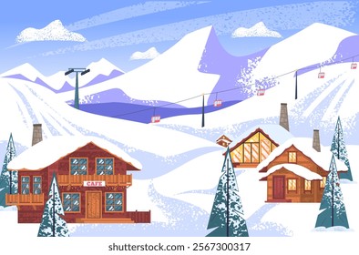 Ski resort landscape. Snowy mountain with skier track slope hill and hotel chalets, winter holiday snow village cartoon scenery skiing snowboard trip, classy vector illustration original artwork