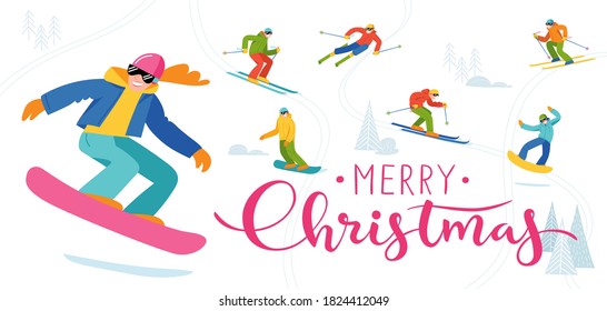 Ski resort leaflet design with modern style people doing winter sports and snowboard woman. Snowboard and ski activities, freestyle sportsman. High detailed male and female figures. 