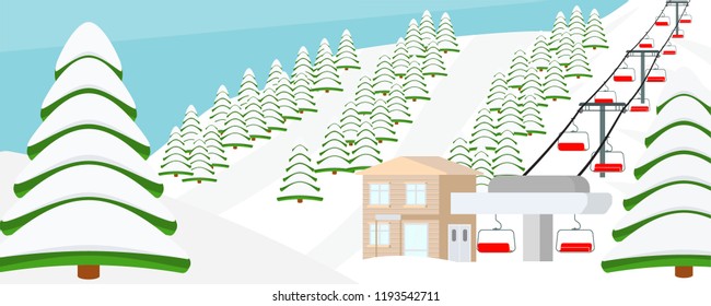 Ski resort, lift flat vector illustration. Fir trees, house, mountains wide panoramic background. Ski hills, winter web banner design. 