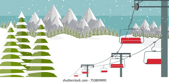 Ski resort, lift flat vector illustration. Alps, fir trees, mountains wide panoramic background. Ski hills, winter web banner design. 