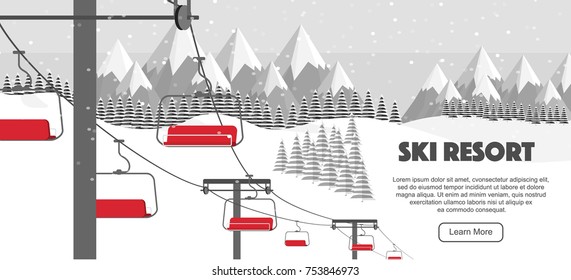 Ski resort, lift flat vector illustration. Winter activities promo, vector illustration. Swiss Alps, ski hills, winter web banner design. Alps, fir trees, mountains wide panoramic background.