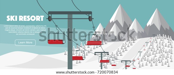 Ski resort, lift flat vector illustration. Alps, fir\
trees, mountains wide panoramic background. Ski hills, winter web\
banner design. 