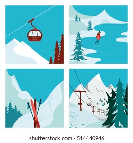 Ski Resort. Ski Lift in the mountains. Girl skating. Winter landscape. Vector illustrations.