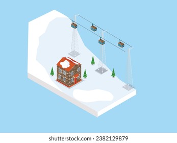 Ski resort lift on cableway, house, chalet, winter mountain evening and morning landscape, snowy peaks and slopes isometric 3d vector illustration concept