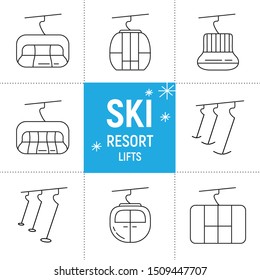 Ski resort lifts line icons vector