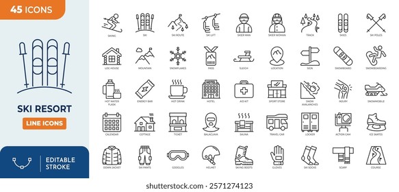 Ski resort line editable icon set. Ski Resort icon set contain ski area and winter sport. Vector illustration