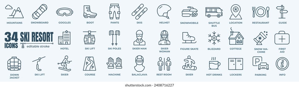 Ski resort line icons collection. Editable line pictogram of ski area and winter sport.