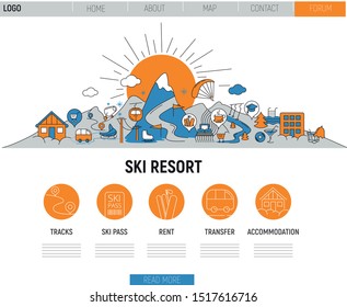 Ski resort line icons infographic map web site