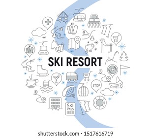 Ski resort line icons round shape