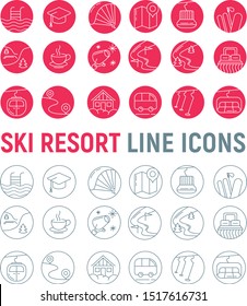 Ski resort line icons round shape