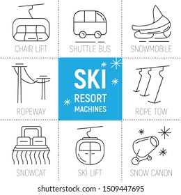 Ski resort MACHINES line icons vector