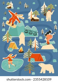 Skistourenplan, Infografiken zum Nationalpark, Winterurlaub mit Freundeslandschaft, Weihnachtsferien, Kinderposter. Vektorhandgezeichneter, illustrierter Kunstdruck.