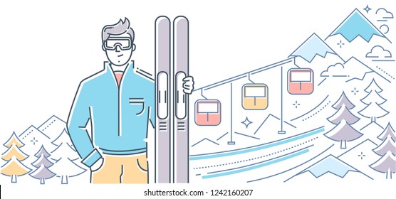 Ski resort - modern colorful line design style illustration on white background. High quality composition with a young male skier standing with sportive equipment, lift, mountain, trees. Winter sport