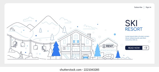 Ski resort - modern thin line design style banner with place for text. An illustration with winter sports area with slopes, buildings, trees, lift, equipment rent. Leisure and recreation idea