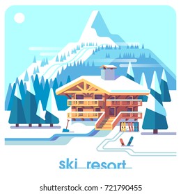 Ski Resort Mountain Detailed Landscape With Lodge, Trees And Ski Tracks. Winter Sports Vacation. Flat Illustration Concept Background.