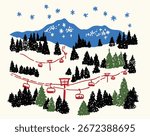 Ski Resort Mountain Landscape - Hand Drawn Winter Cable Car and Pine Trees Vector Illustration