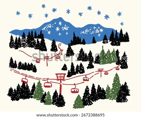Ski Resort Mountain Landscape - Hand Drawn Winter Cable Car and Pine Trees Vector Illustration