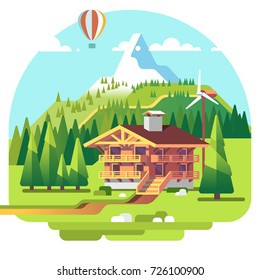 Ski resort mountain landscape with lodge and spruce trees on background. Summer vacation. Flat vector illustration.