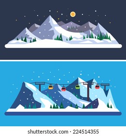 Ski Resort. Mountain landscapes. Vector flat illustrations