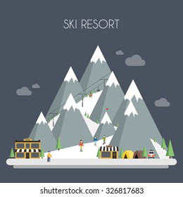 Ski Resort. Mountain landscapes. Vector flat illustrations