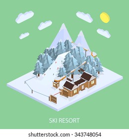 Ski Resort. Mountain landscapes. Vector isometric illustrations. The ski resort in the high snowy