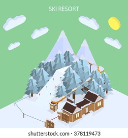 Ski Resort. Mountain landscapes. Vector isometric illustrations. The ski resort in the high snowy