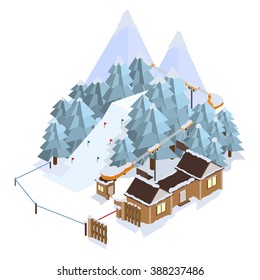 Ski Resort. Mountain landscapes. Vector isometric illustrations. The ski resort in the high snowy