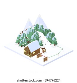 Ski Resort. Mountain landscapes. Vector isometric illustrations. The ski resort in the high snowy
