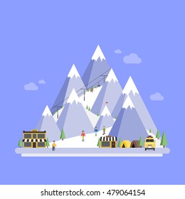 Ski Resort. Mountain landscapes. Vector flat illustrations