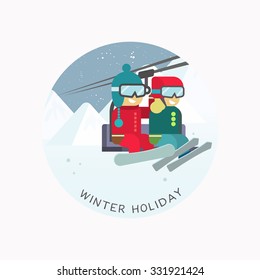 Ski Resort, Mountain landscapes. Winter Sports. Vector flat illustrations