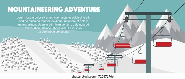 Ski resort, mountaineering adventure flat vector illustration. Swiss Alps, fir trees, snow hills winter background. Ski hills panoramic background, winter leisure activities.