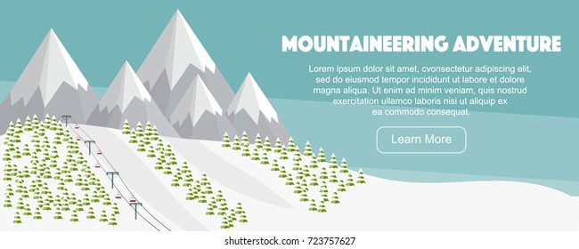 Ski resort, mountaineering adventure flat vector illustration. Ski hills panoramic background, winter leisure activities. Swiss Alps, green fir trees, snow hills winter background. 