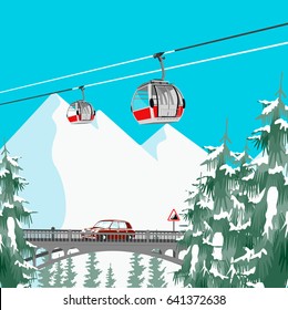 Ski resort in mountains with cable cars, bridge and coniferous trees