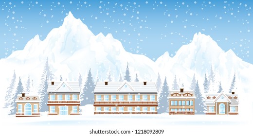 Ski resort with mountains and house in the snowy forest , vector illustration.