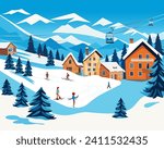 Ski resort in the mountains, with ski lifts, houses, hotels. People skiing. Vector hand drawn illustration.