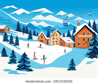 Ski resort in the mountains, with ski lifts, houses, hotels. People skiing. Vector hand drawn illustration.