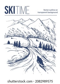 Ski resort in the mountains. ski slope. Winter landscape. Vector outline illustration. Line art