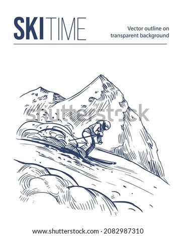 Ski resort in the mountains. ski slope. Winter landscape. Vector outline illustration. Line art