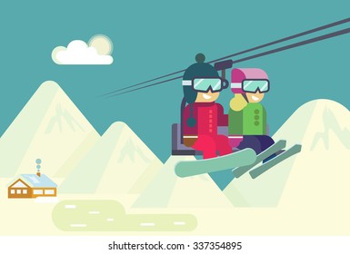 Ski resort in mountains, winter holidays time.