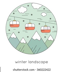 Ski resort in mountains, winter landscape. Thin line style