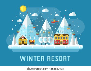 Ski resort in mountains. Winter time flat landscape. Snow mountains, country hotel, funiculars, hospital and rescuers helicopter in forest area. Winter vacation flat landscape.