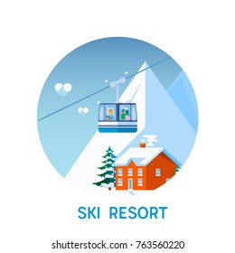 Ski resort in mountains, winter time, snow and fun.Winter time landscape in flat design with funiculars, mountains, house and snow.