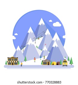 Ski resort in mountains, winter time, snow and fun vector illustration